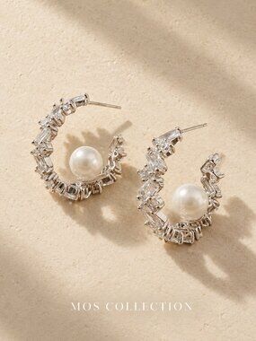 MOS COLLECTION Crystal Pearl Hoop Statement Earrings